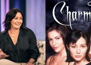 Actress Shanon Doherty and image of the Cast of Charmed