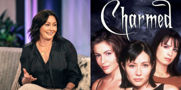 Actress Shanon Doherty and image of the Cast of Charmed